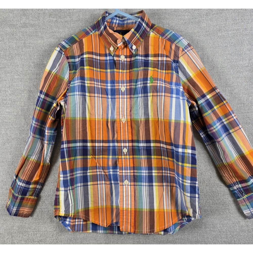 Polo Ralph Lauren Boys 5 Plaid Oxford Shirt Orange Blue Preppy‎ Pony Logo